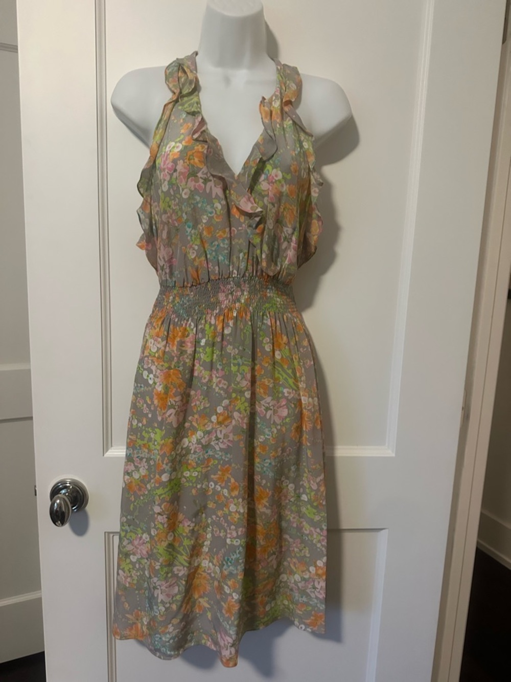 Rebecca Taylor Gray Floral Ruffle Halter Midi Silk Dress